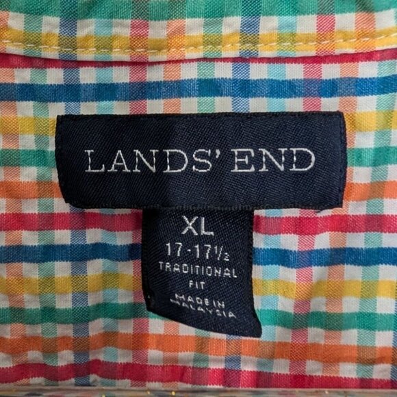 Lands End Seersucker Plaid Shirt Mens Size XL Colorful Short Sleeve Button Down - Picture 4 of 10